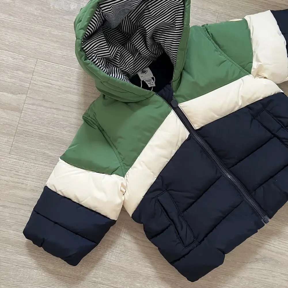 Petit Bateau Boys Puffer Jacket Baby 12M Green Navy Colorblock Hooded Fleece New